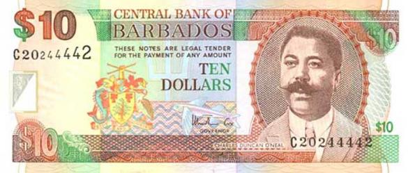 10 барбадосских долларов, деньги Барбадос