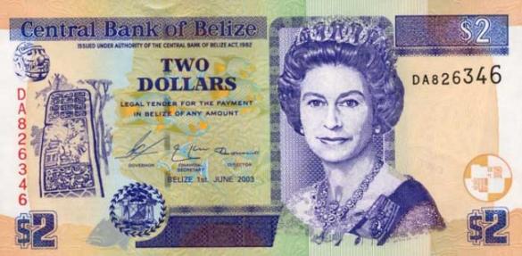 2 белизских доллара, деньги Белиз