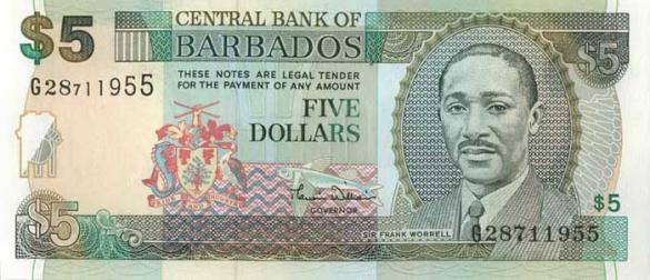 5 барбадосских долларов, деньги Барбадос